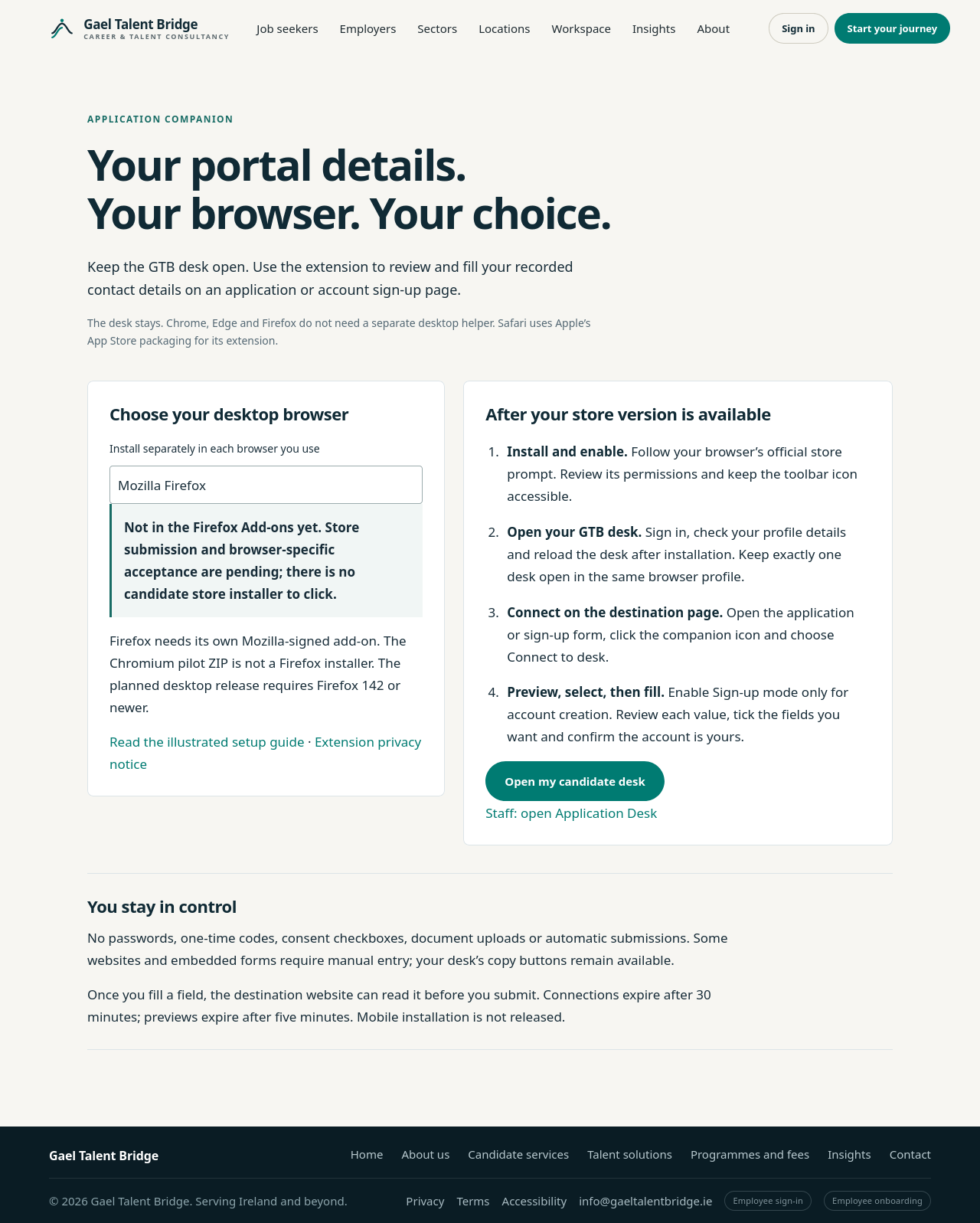 Browser choice and honest pending-store status, using the Firefox option