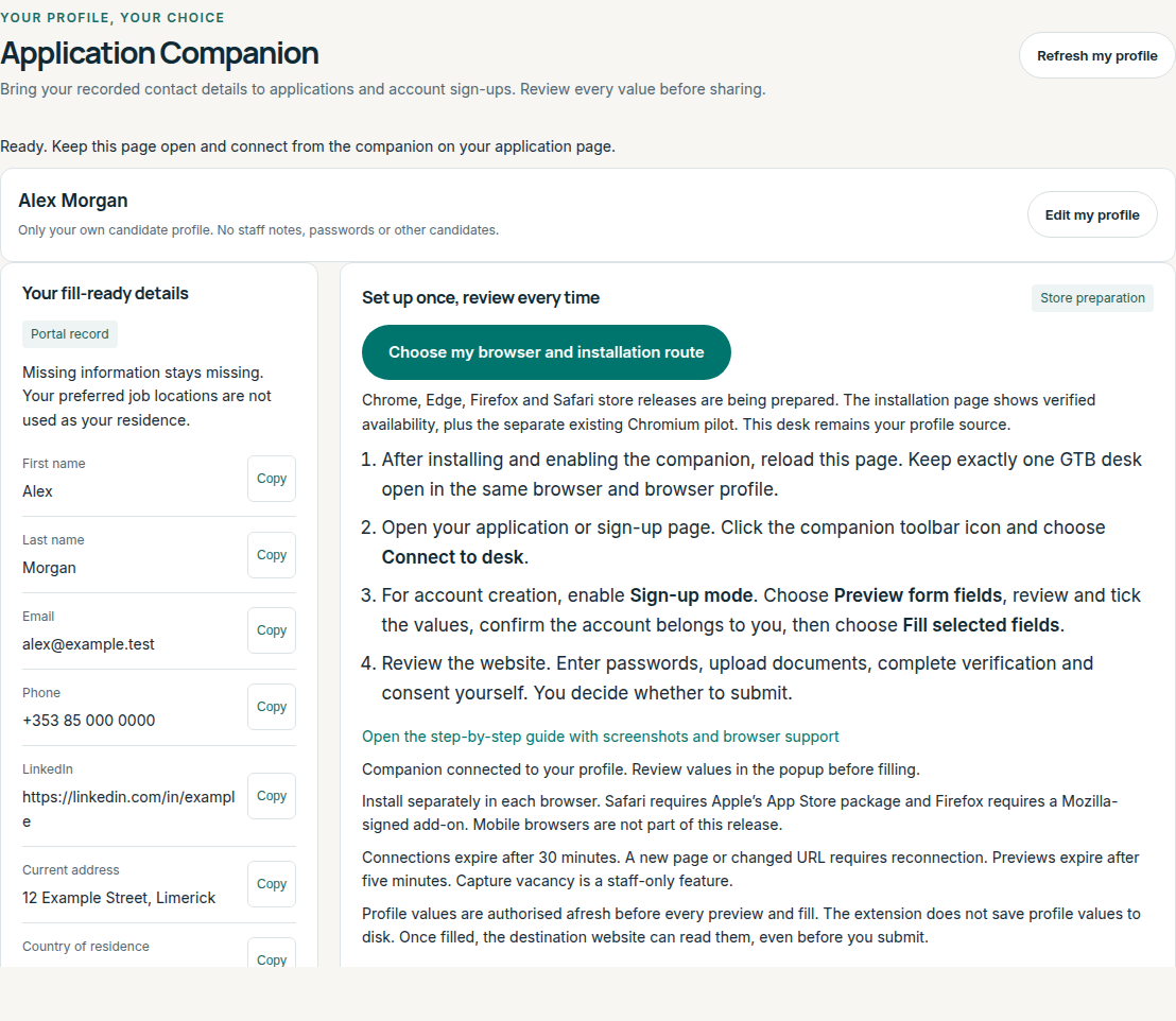 Candidate self-service companion page with synthetic profile data