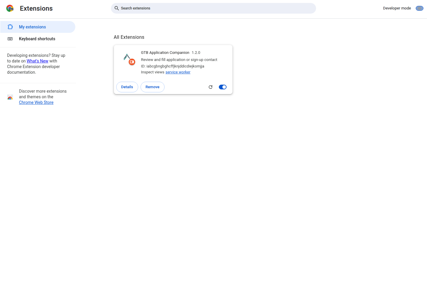 The extension manager showing GTB Application Companion version 1.2.0
