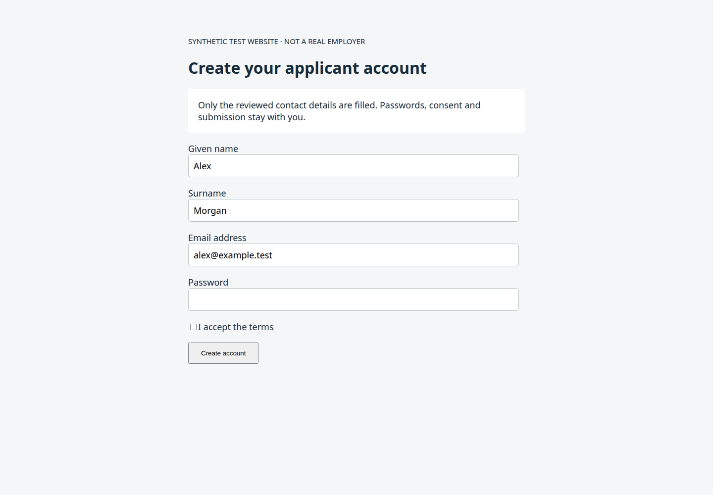 Synthetic registration form after reviewed contact filling, with password and consent untouched