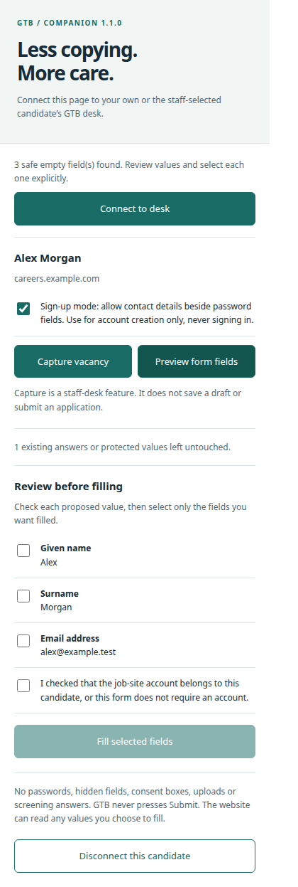 Companion preview with sign-up mode and explicitly selected-field controls