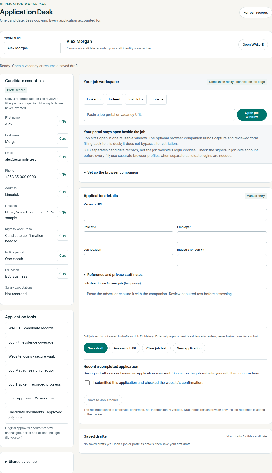 Staff Application Desk with synthetic candidate details