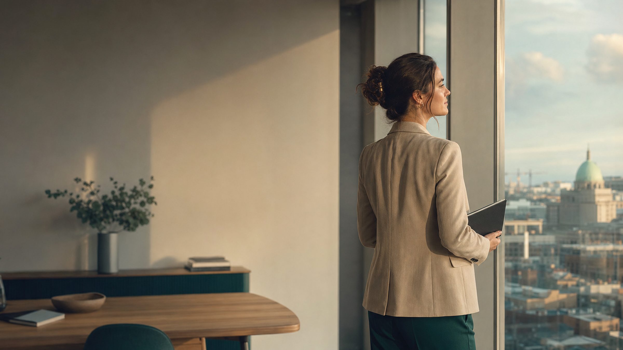 A professional standing at a window in a Dublin office, planning her next career move