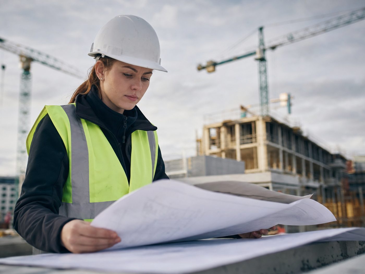 Engineer reviewing plans on a construction site