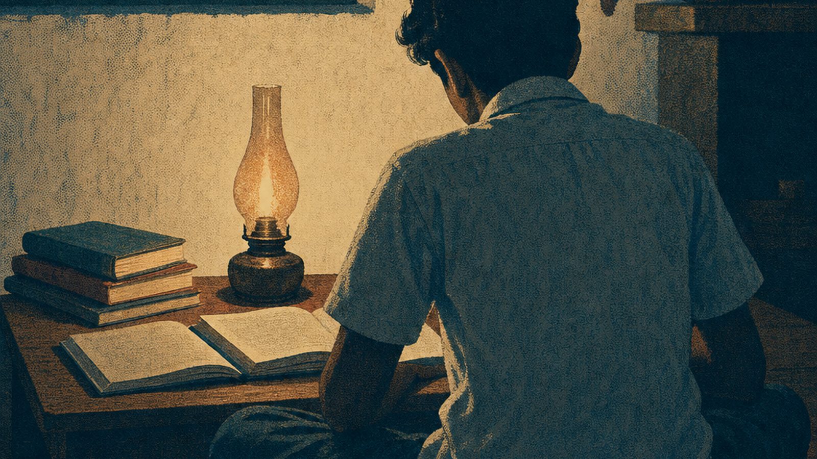 Illustration of a young person studying from books by the light of a single oil lamp in a modest home at night