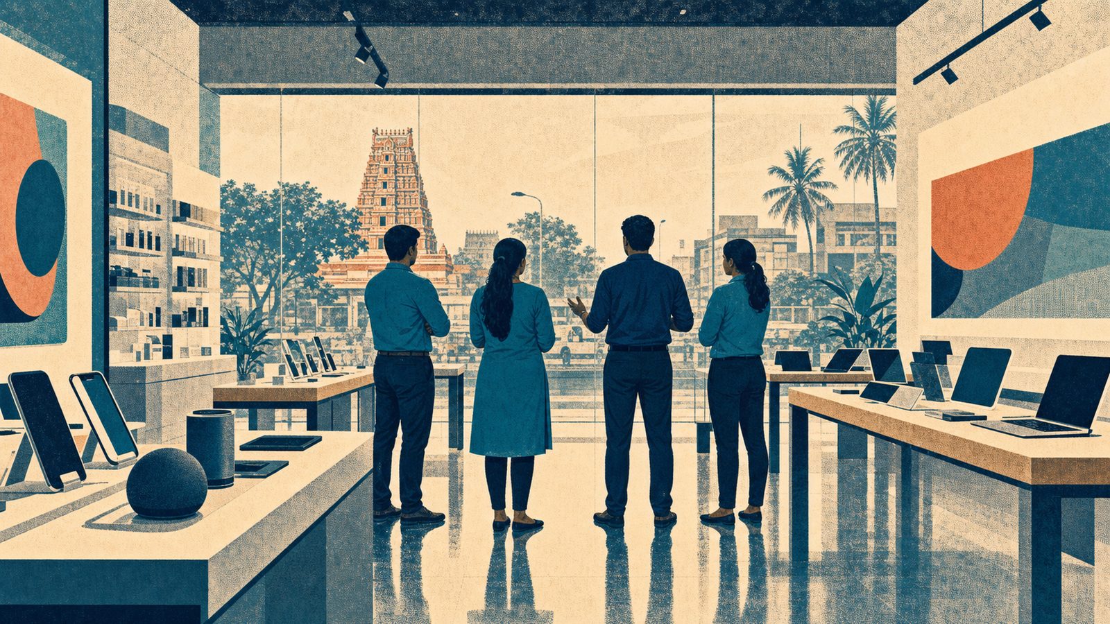 Illustration of a team briefing on the floor of a modern consumer-electronics store in a South Indian city