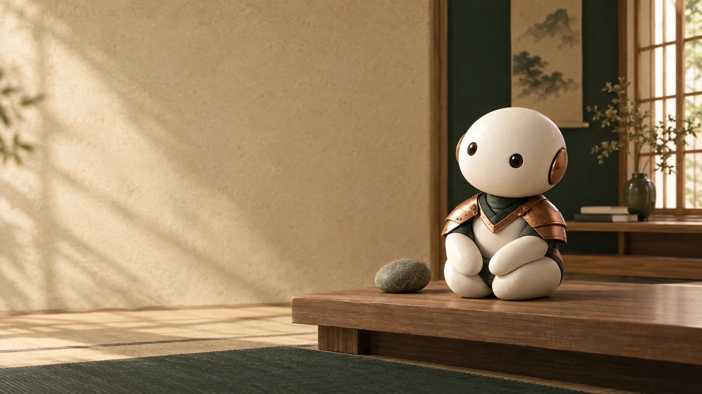 Sensei, a friendly ceramic robot mentor in a quiet learning studio